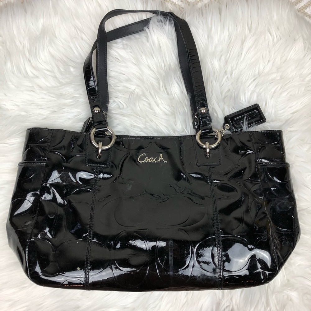 Coach Black Patent Leather Embossed Zip Tote Bag